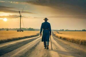 uma homem dentro uma chapéu anda em baixa uma sujeira estrada com vento turbinas dentro a fundo. gerado por IA foto