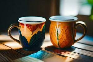 dois colorida café canecas em uma de madeira mesa. gerado por IA foto