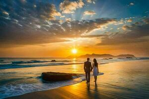 a casal é caminhando em a de praia às pôr do sol. gerado por IA foto