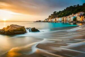 a de praia às pôr do sol com casas e pedras. gerado por IA foto