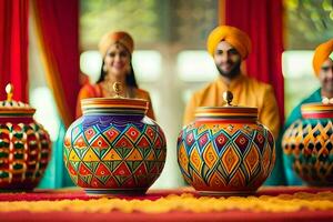 indiano Casamento decoração com colorida potes. gerado por IA foto