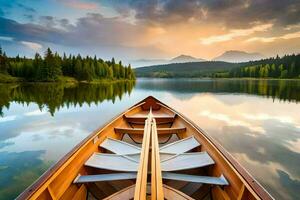 uma barco é flutuando em uma lago às pôr do sol. gerado por IA foto