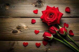 vermelho rosas e corações em uma de madeira fundo. gerado por IA foto