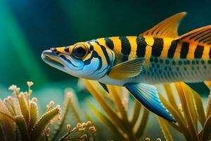 uma peixe com Preto e amarelo listras é natação dentro a água. gerado por IA foto