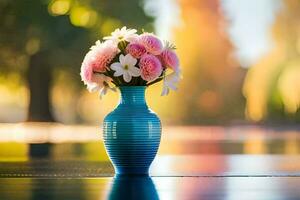 uma azul vaso com Rosa flores em uma mesa. gerado por IA foto