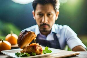 uma homem dentro a avental é segurando uma peça do carne em uma placa. gerado por IA foto