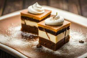 dois peças do chocolate bolo com açoitado creme em topo. gerado por IA foto