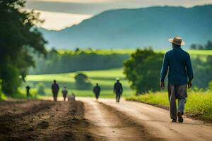 uma homem caminhando baixa uma sujeira estrada com de outros pessoas. gerado por IA foto