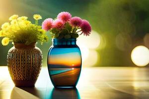 dois vasos com flores sentado em uma mesa. gerado por IA foto