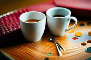 dois copos do café em uma bandeja com uma colher. gerado por IA foto