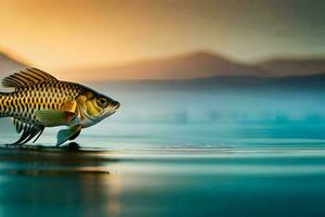 uma peixe é em pé em a água às pôr do sol. gerado por IA foto