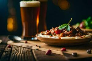 Cerveja e Comida em uma de madeira mesa. gerado por IA foto