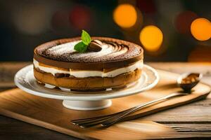 uma chocolate bolo em uma prato com uma garfo. gerado por IA foto