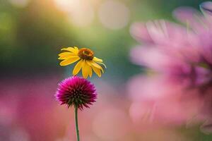 uma solteiro amarelo flor é em pé em topo do uma Rosa flor. gerado por IA foto