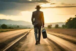 uma homem dentro uma terno e chapéu caminhando baixa uma estrada com uma mala. gerado por IA foto