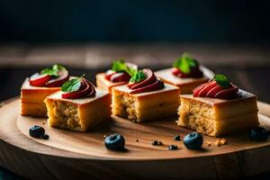 uma de madeira borda coberto com quadrados do bolo de queijo. gerado por IA foto