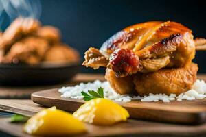 frango em uma de madeira corte borda com arroz e limões. gerado por IA foto