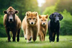 quatro cachorros e uma cachorro corrida juntos dentro a grama. gerado por IA foto