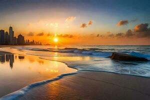 a Sol conjuntos sobre a cidade Horizonte dentro dubai. gerado por IA foto