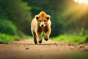 uma pequeno Castanho cachorro corrida em uma sujeira estrada. gerado por IA foto