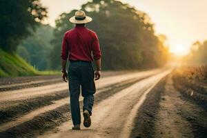 uma homem dentro uma chapéu anda em baixa uma sujeira estrada. gerado por IA foto