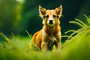 uma cachorro é em pé dentro a Relva dentro frente do uma verde fundo. gerado por IA foto