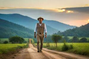 uma homem dentro uma chapéu e colete caminhando baixa uma sujeira estrada. gerado por IA foto