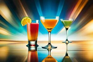 três diferente colori bebidas estão mostrando dentro uma vidro. gerado por IA foto
