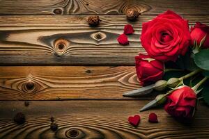vermelho rosas em uma de madeira fundo. gerado por IA foto