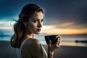 uma mulher segurando uma copo do café em a de praia. gerado por IA foto