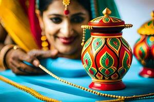 uma mulher dentro tradicional indiano vestir é segurando uma colorida Panela. gerado por IA foto