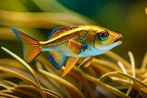 uma peixe com azul olhos e uma amarelo corpo é dentro a grama. gerado por IA foto