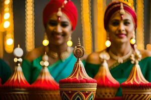 dois mulheres dentro tradicional indiano vestuário estão segurando acima uma decorado Panela. gerado por IA foto