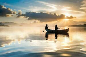 dois pessoas dentro uma barco em uma lago às pôr do sol. gerado por IA foto