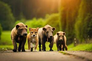 uma grupo do Castanho ursos caminhando baixa uma estrada. gerado por IA foto