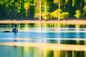 uma homem é sentado em uma barco dentro uma lago. gerado por IA foto