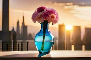 uma vaso com Rosa flores sentado em uma mesa dentro frente do uma cidade Horizonte. gerado por IA foto