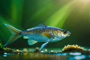 uma peixe é em pé dentro a água com luz solar brilhando em isto. gerado por IA foto