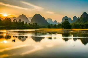 a Sol conjuntos sobre a montanhas dentro China. gerado por IA foto