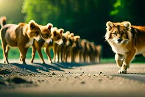 uma grupo do cachorros caminhando baixa uma estrada. gerado por IA foto