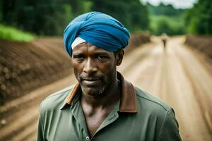 uma homem vestindo uma turbante em uma sujeira estrada. gerado por IA foto