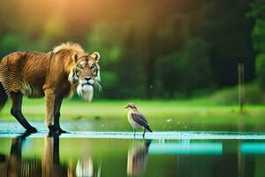 uma tigre e uma pássaro em pé dentro uma lago. gerado por IA foto