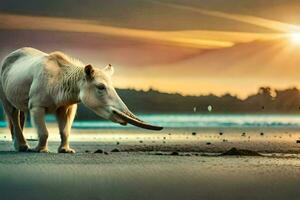 uma branco elefante é em pé em a de praia às pôr do sol. gerado por IA foto