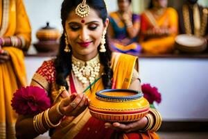 uma mulher dentro tradicional indiano vestuário é segurando uma Panela. gerado por IA foto