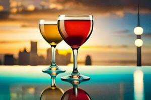 dois óculos do vinho em uma mesa com uma cidade Horizonte dentro a fundo. gerado por IA foto