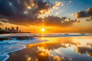 a Sol conjuntos sobre a cidade Horizonte em uma de praia. gerado por IA foto