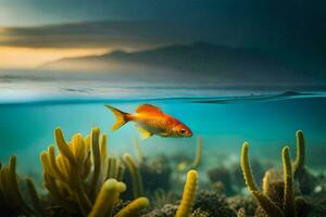 uma peixe natação dentro a oceano com coral recifes. gerado por IA foto