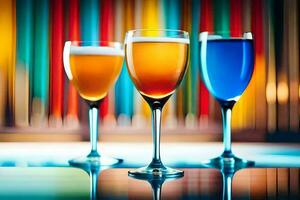 três óculos do diferente colori bebidas em uma mesa. gerado por IA foto