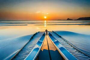 dois canoas estão sentado em a de praia às pôr do sol. gerado por IA foto