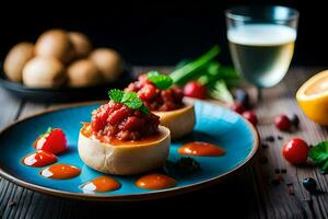 dois pequeno recheado cartuchos com tomate molho em topo. gerado por IA foto